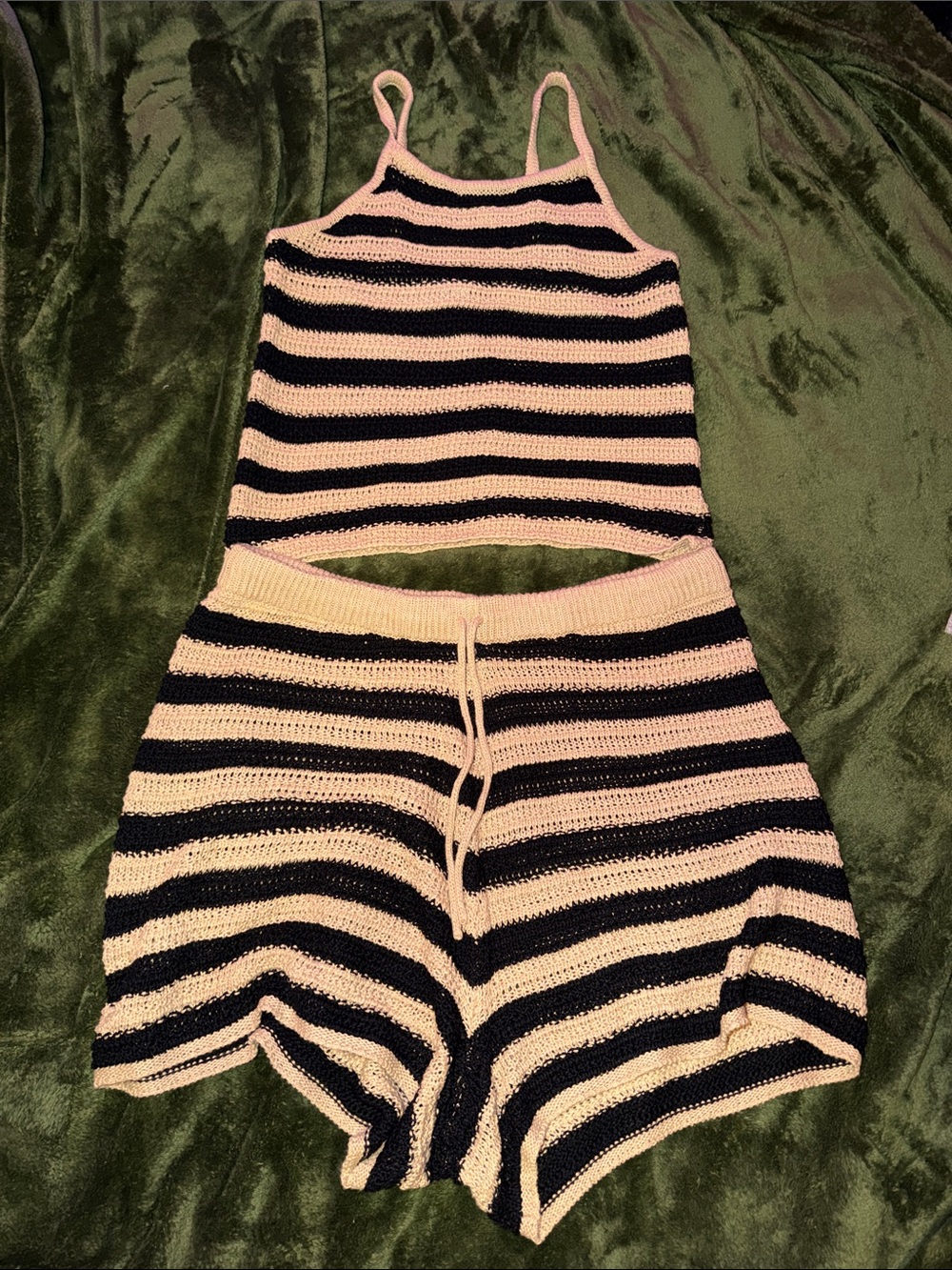 Fashion Nova Tan and Black Striped Knit Tank Top & Shorts Set